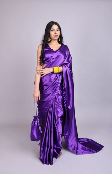Purple Satin Shine Saree with Backless Tie-Up Blouse & Matching Potli Bag