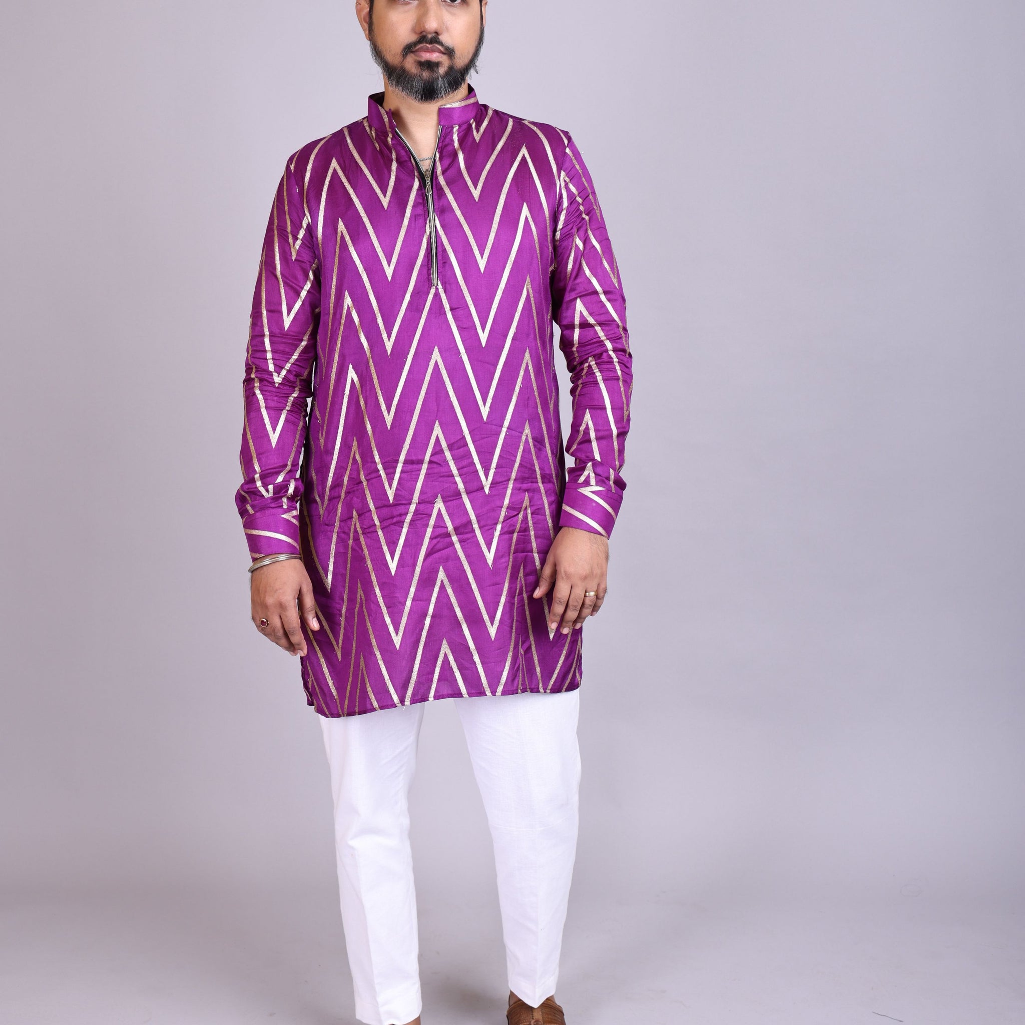Royal Purple Zig-Zag Silk Kurta for Men