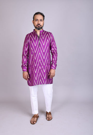 Royal Purple Zig-Zag Silk Kurta for Men