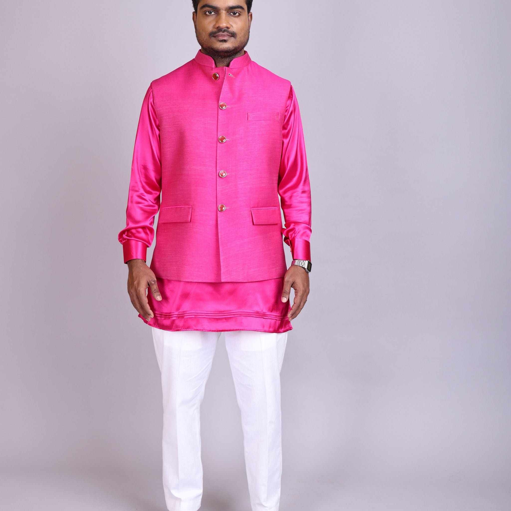 Hot Pink Satin  Kurta Set with Nehru Jacket