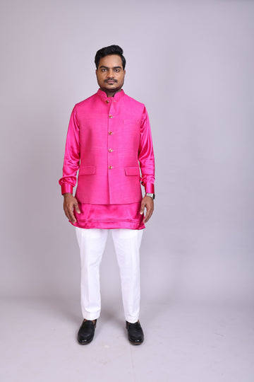 Hot Pink Satin  Kurta Set with Nehru Jacket