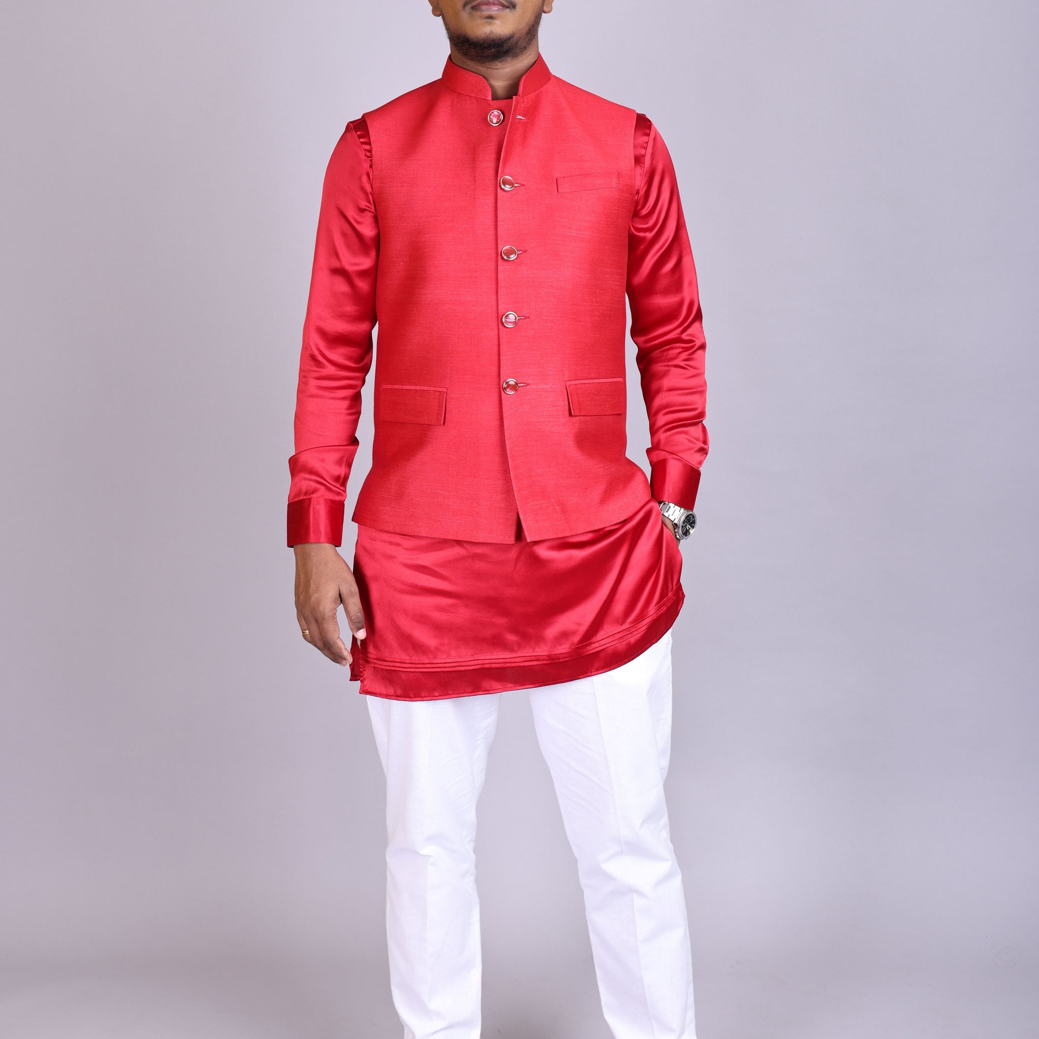 Red Satin  Kurta Set with Nehru Jacket