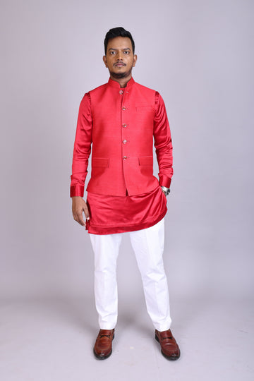 Red Satin  Kurta Set with Nehru Jacket