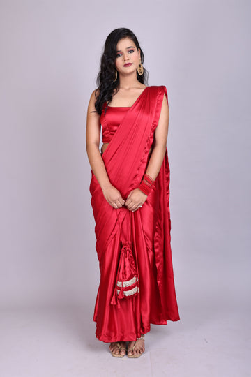 Red Satin Saree with Lace-Up Back Blouse & Potli Bag