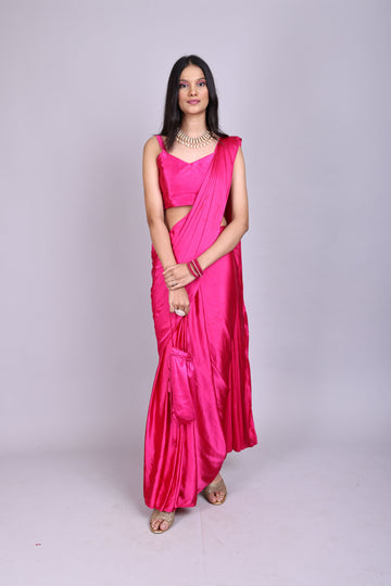 Fuchsia Satin Saree with Matching Blouse & Potli Bag
