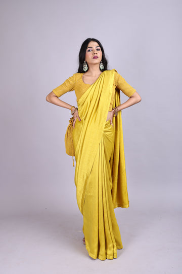 Mustard Yellow Silk Saree with Backless Chikankari Blouse & Matching Potli Bag