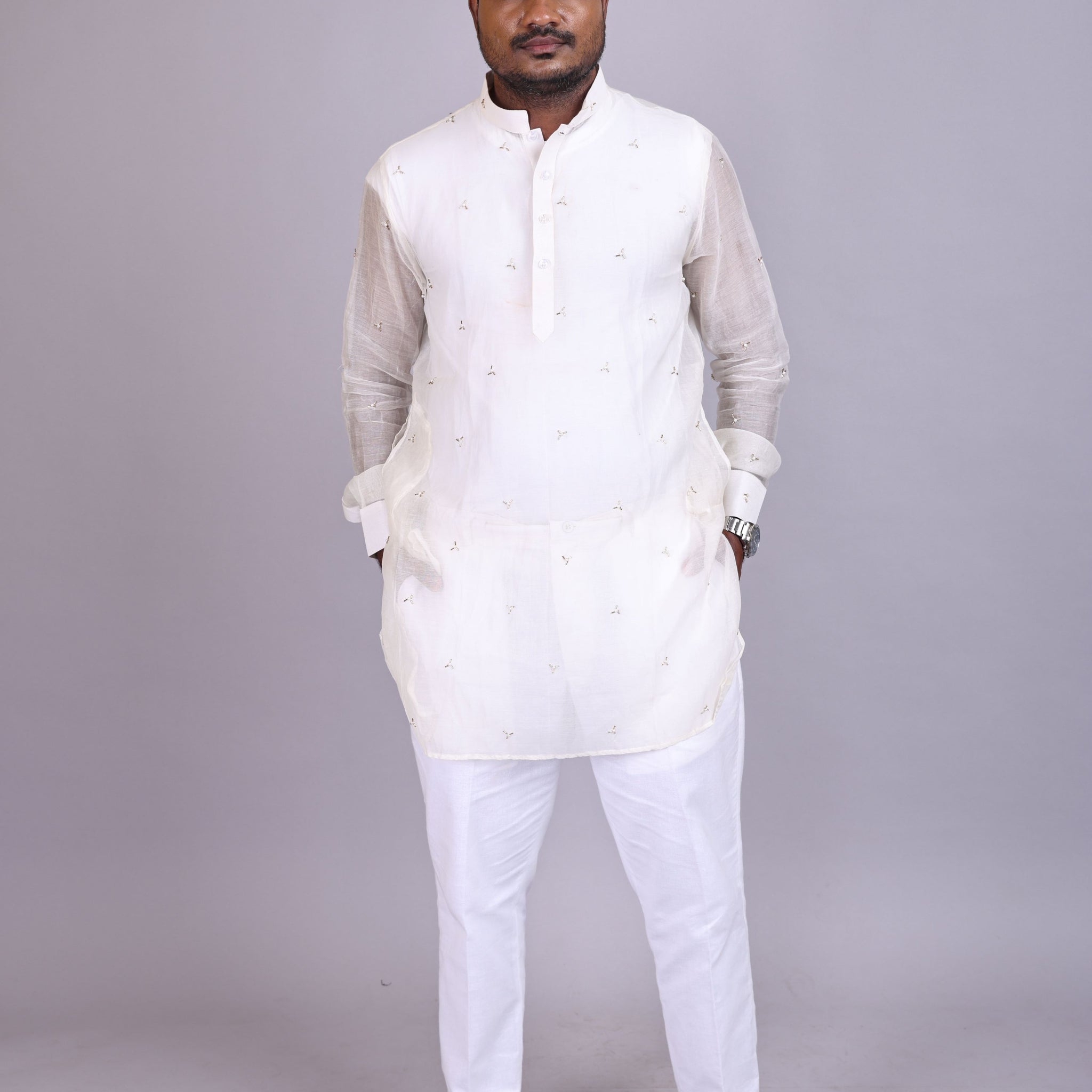 Classic White Chanderi Embellished Kurta