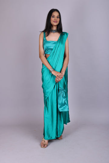 Teal Green Satin Saree with Matching Blouse & Potli Bag
