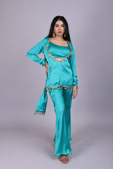 Teal Silk Co-ord Set with Embellished Detailing & Potli Bag