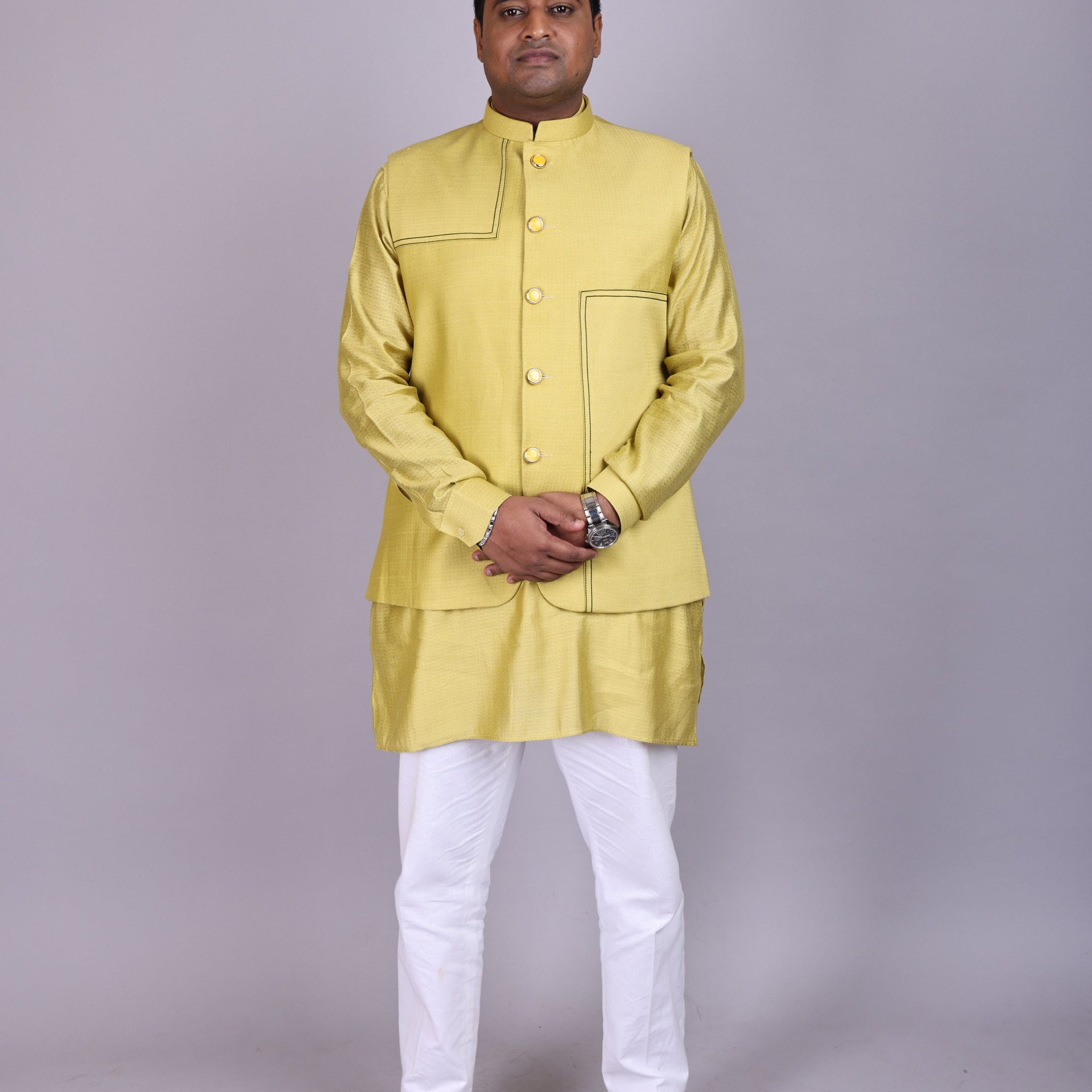 Lemon Green Silk- Blended Kurta Set