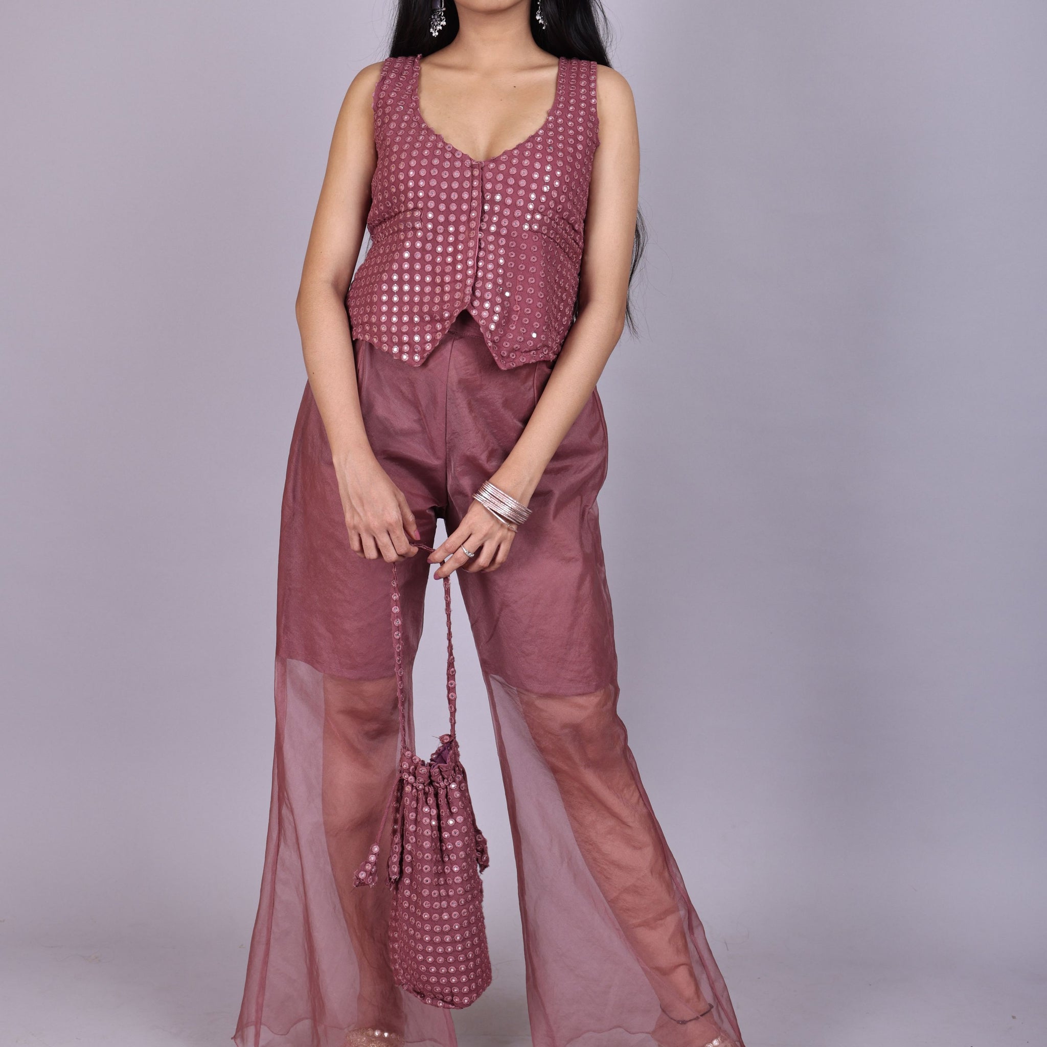 Wine Sheer Co-ord Set with Embellished Blouse & Potli Bag