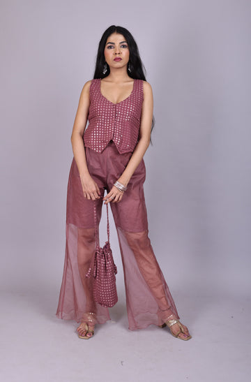 Wine Sheer Co-ord Set with Embellished Blouse & Potli Bag