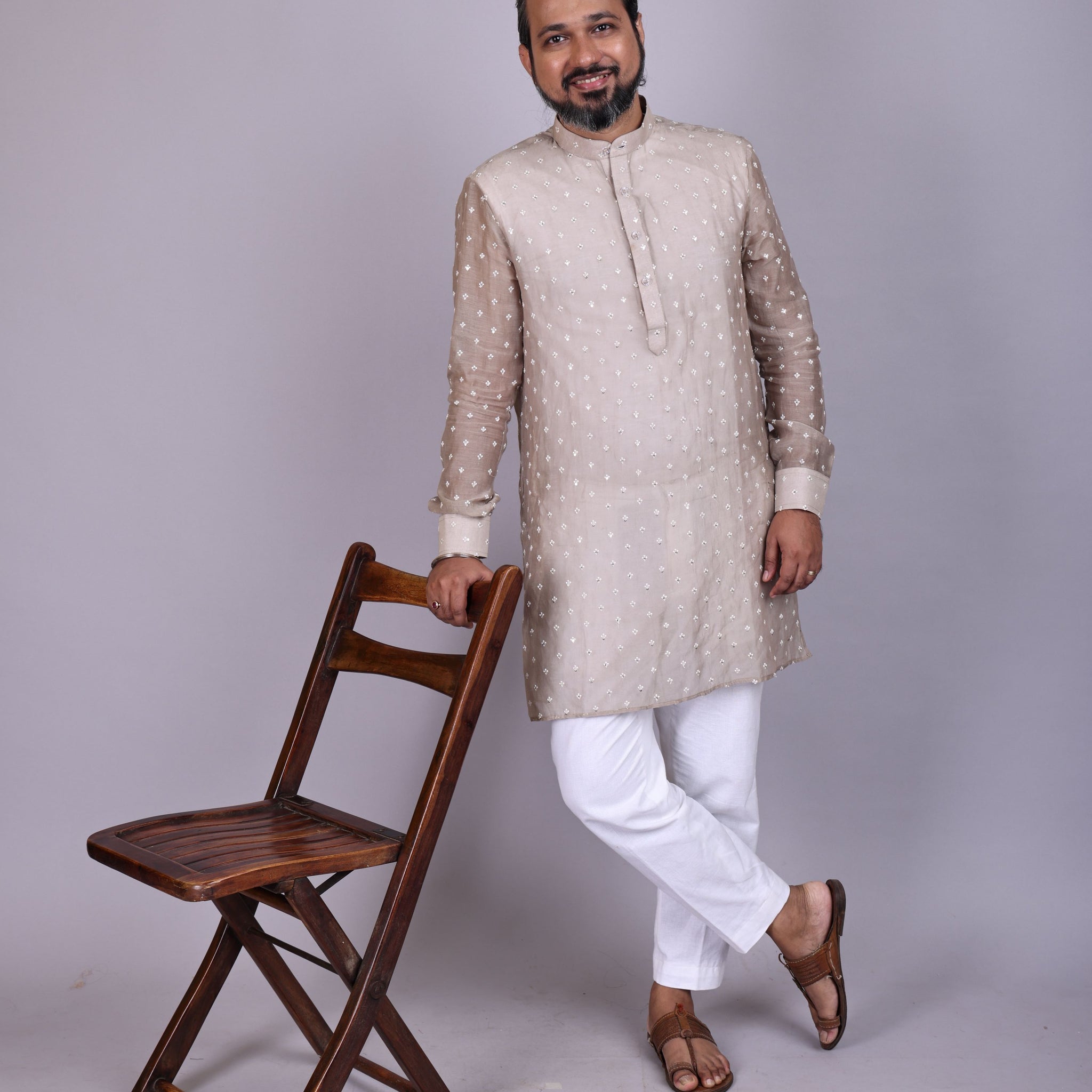 Classic Nude Tone Chanderi Kurta with Fine Thread Embroidery