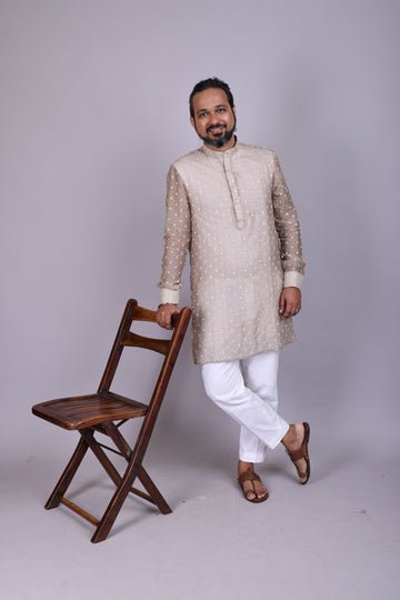 Classic Nude Tone Chanderi Kurta with Fine Thread Embroidery