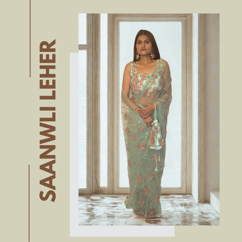 Saanwli Leher - Aqua green net saree set