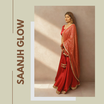 Ṣaanjh glow - Red  Satin  Lhenga Set
